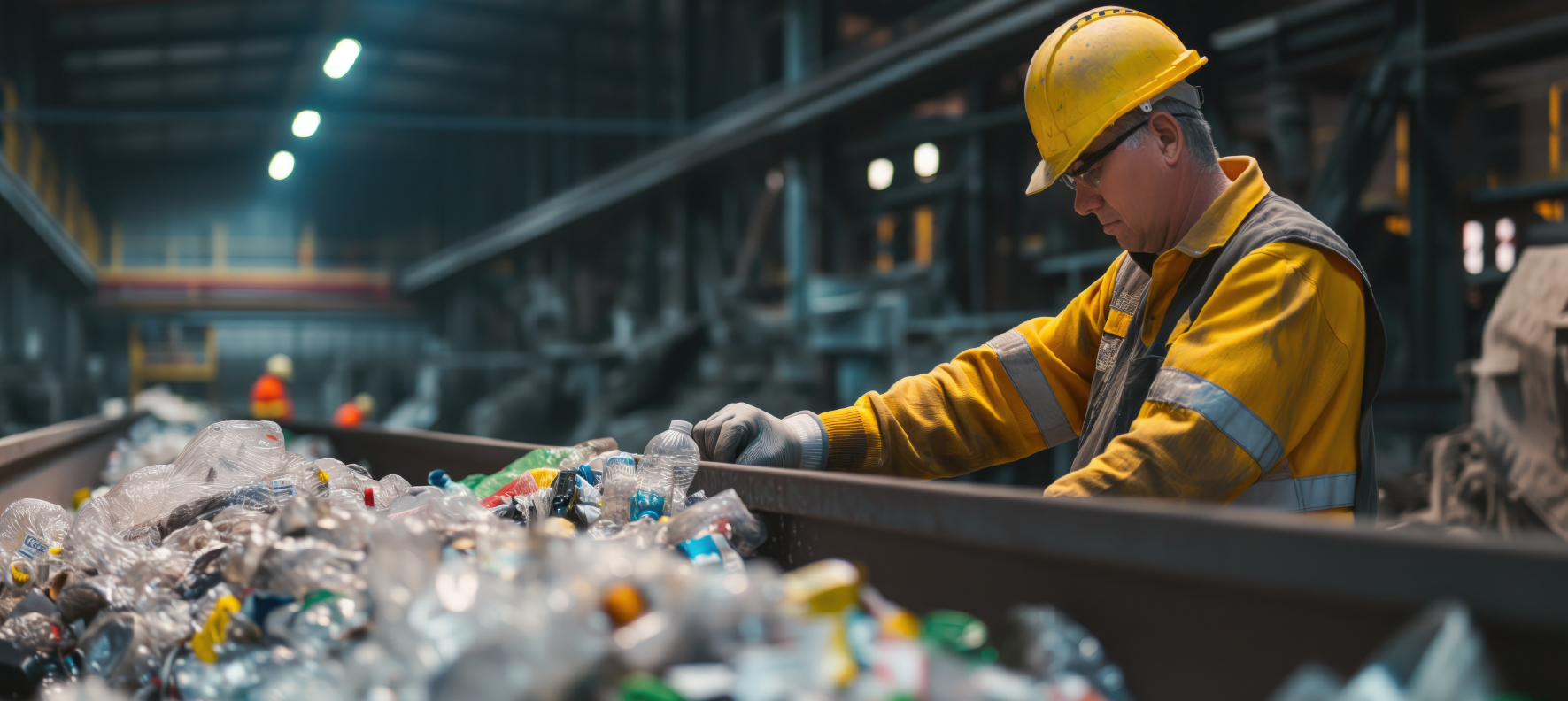 Worker in yellow safety gear hand-sorting plastic bottles and containers on recycling facility conveyor belt.