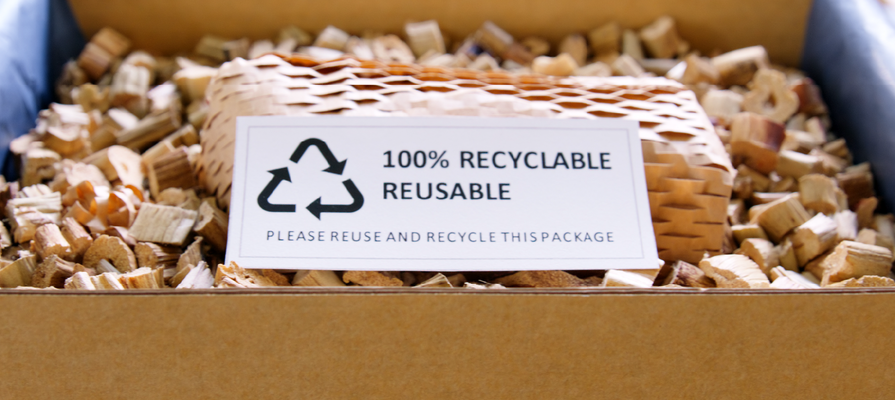 Cardboard box with biodegradable packing peanuts and recyclable label promoting sustainable reusable packaging solutions.