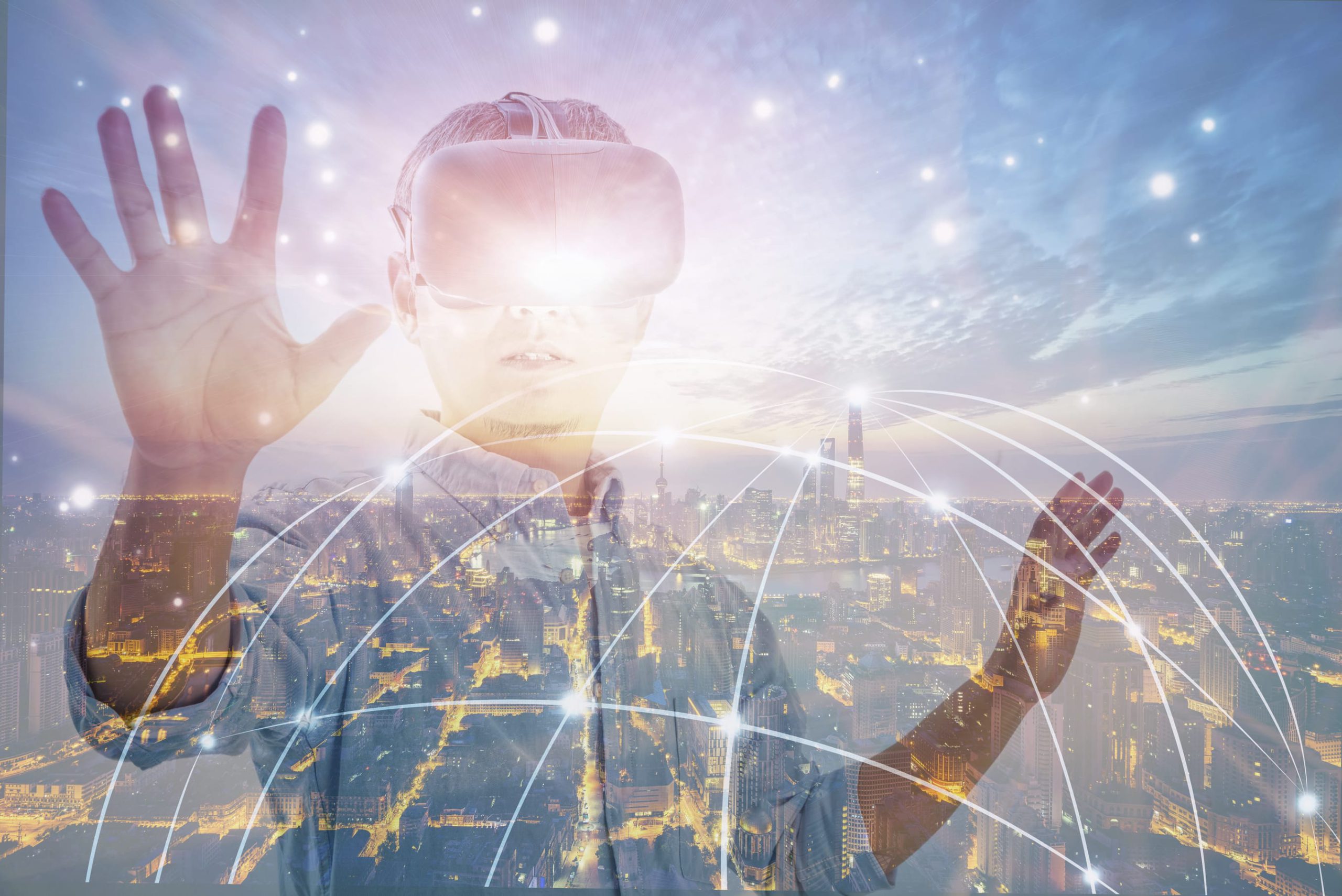 Double exposure of man wearing virtual reality headset