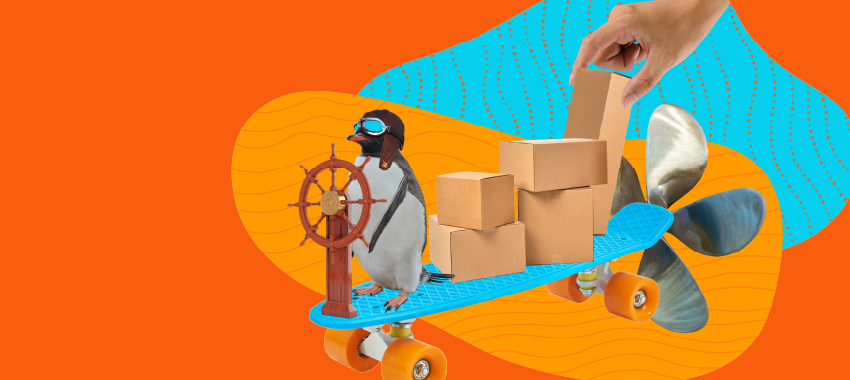 Creative collage illustration featuring a penguin wearing aviation goggles at a ship's wheel on a skateboard, surrounded by cardboard shipping boxes, a hand reaching for a package, and a boat propeller against a vibrant orange and teal geometric background