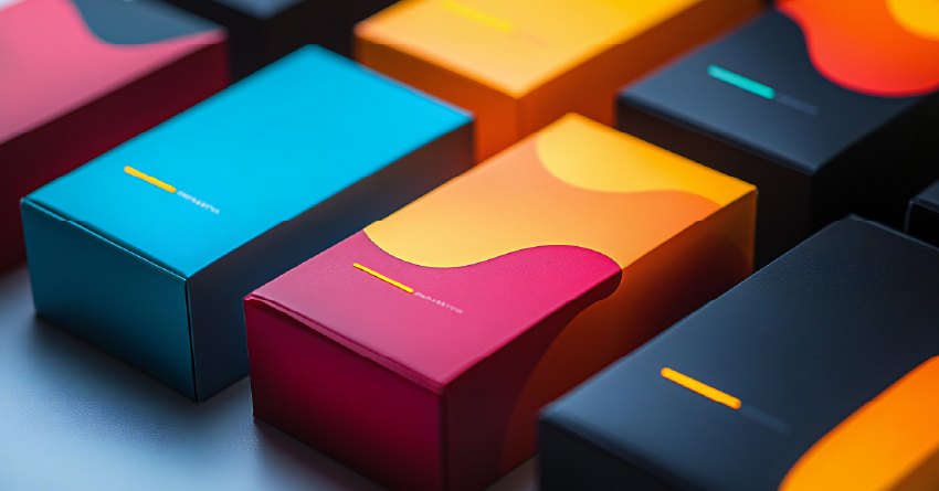 Close-up arrangement of modern product packaging boxes featuring bold, vibrant colors including bright blue, hot pink, orange gradient, and dark navy, each with minimalist curved design elements and small yellow accent lines on their surfaces
