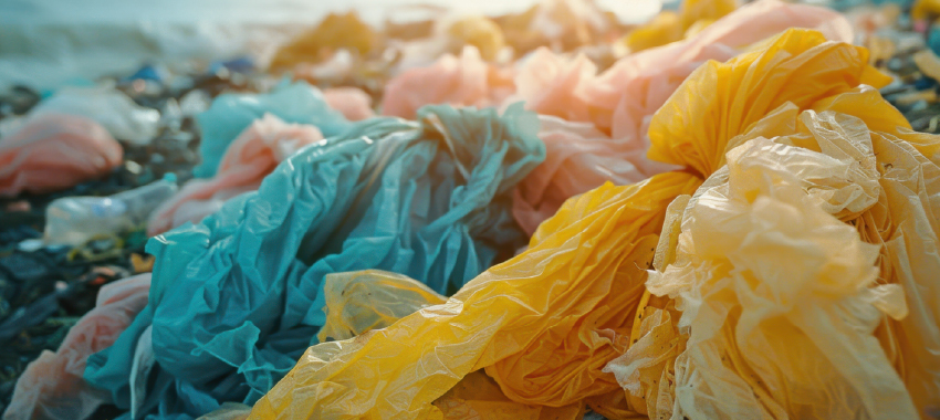 Pile of discarded colorful plastic bags in yellow, pink, and turquoise representing plastic waste and environmental pollution
