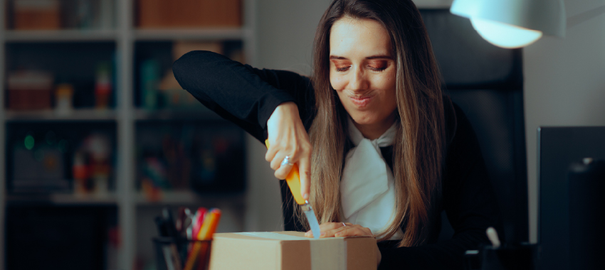 Woman in black shirt struggling to open a cardboard shipping box