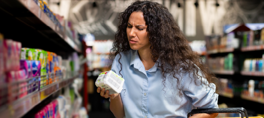 Woman in light blue shirt examining product packaging label while shopping in retail store aisle