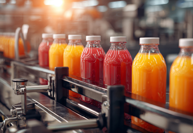 A beverage production line with bottles being filled with colorful juices, illustrating the manufacturing side of packaged goods.