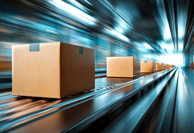 Dynamic motion-blurred view of cardboard shipping boxes racing along a futuristic conveyor system with dramatic blue and white light streaks radiating outward, representing high-speed package delivery and logistics
