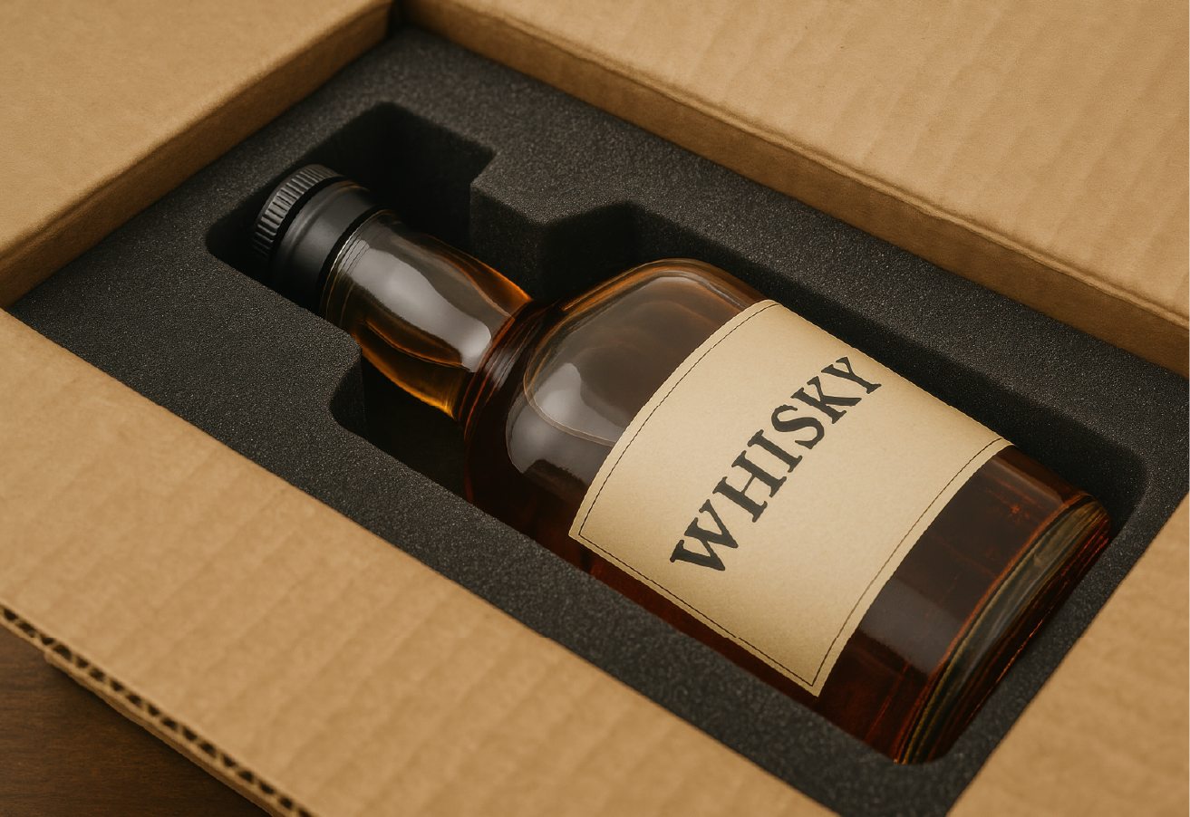Whisky bottle with cream label nestled in sustainable protective foam packaging