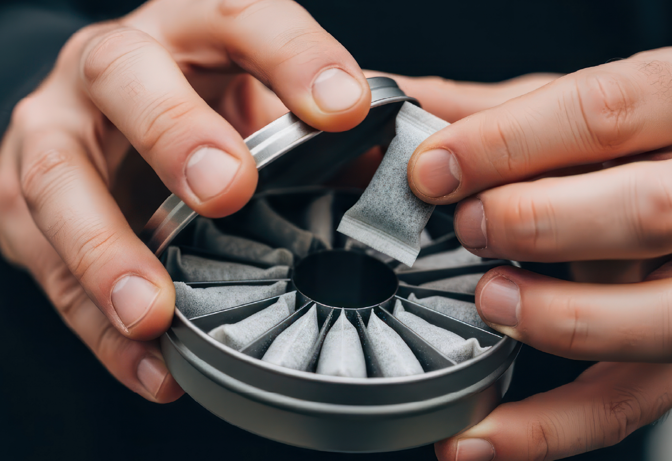 Hands retrieving a product from a custom metal packaging container with radial compartments
