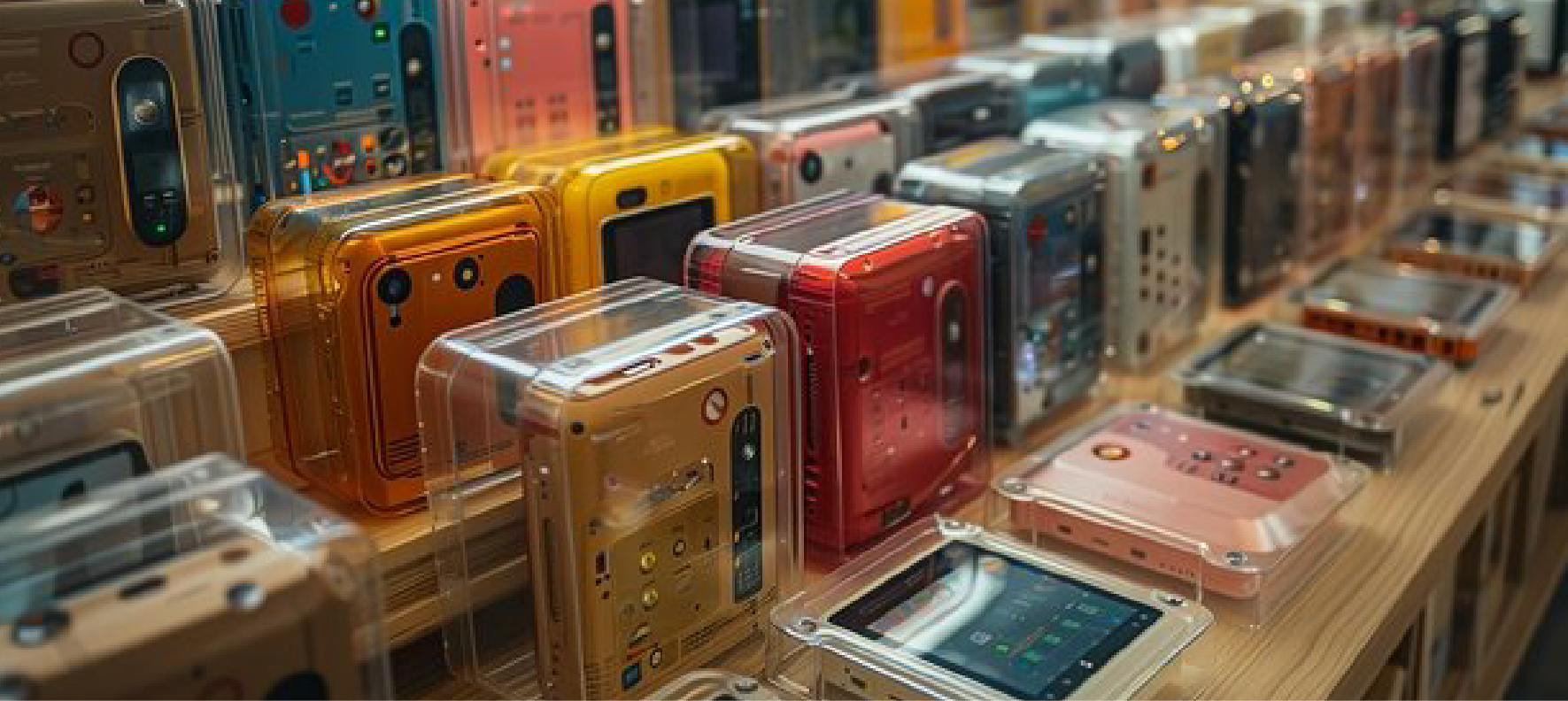 Collection of colorful transparent tech device cases arranged on wooden shelf display.