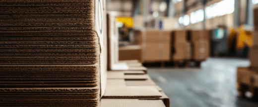 Stacks of flat corrugated cardboard sheets lined up on a warehouse floor with blurred industrial background.