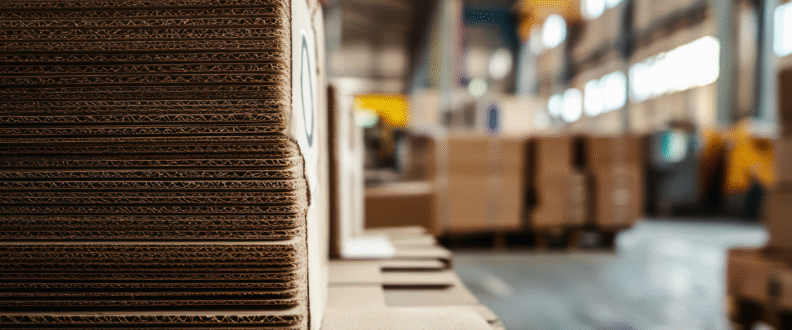Stacks of flat corrugated cardboard sheets lined up on a warehouse floor with blurred industrial background.