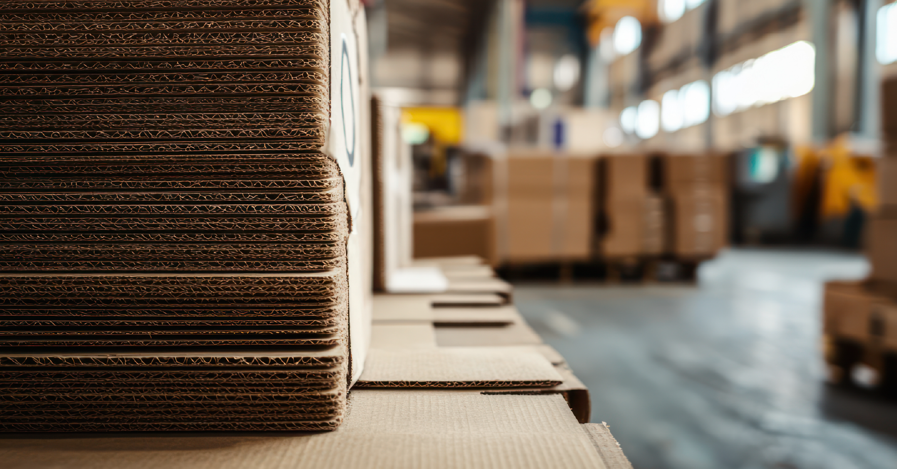 Stacks of flat corrugated cardboard sheets lined up on a warehouse floor with blurred industrial background.