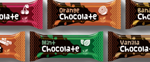 Colorful flexible candy bar wrappers in cherry, orange, mint, cinnamon, banana, and vanilla chocolate flavors arranged on gray background.