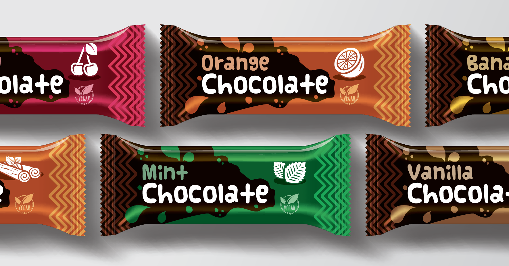 Colorful flexible candy bar wrappers in cherry, orange, mint, cinnamon, banana, and vanilla chocolate flavors arranged on gray background.