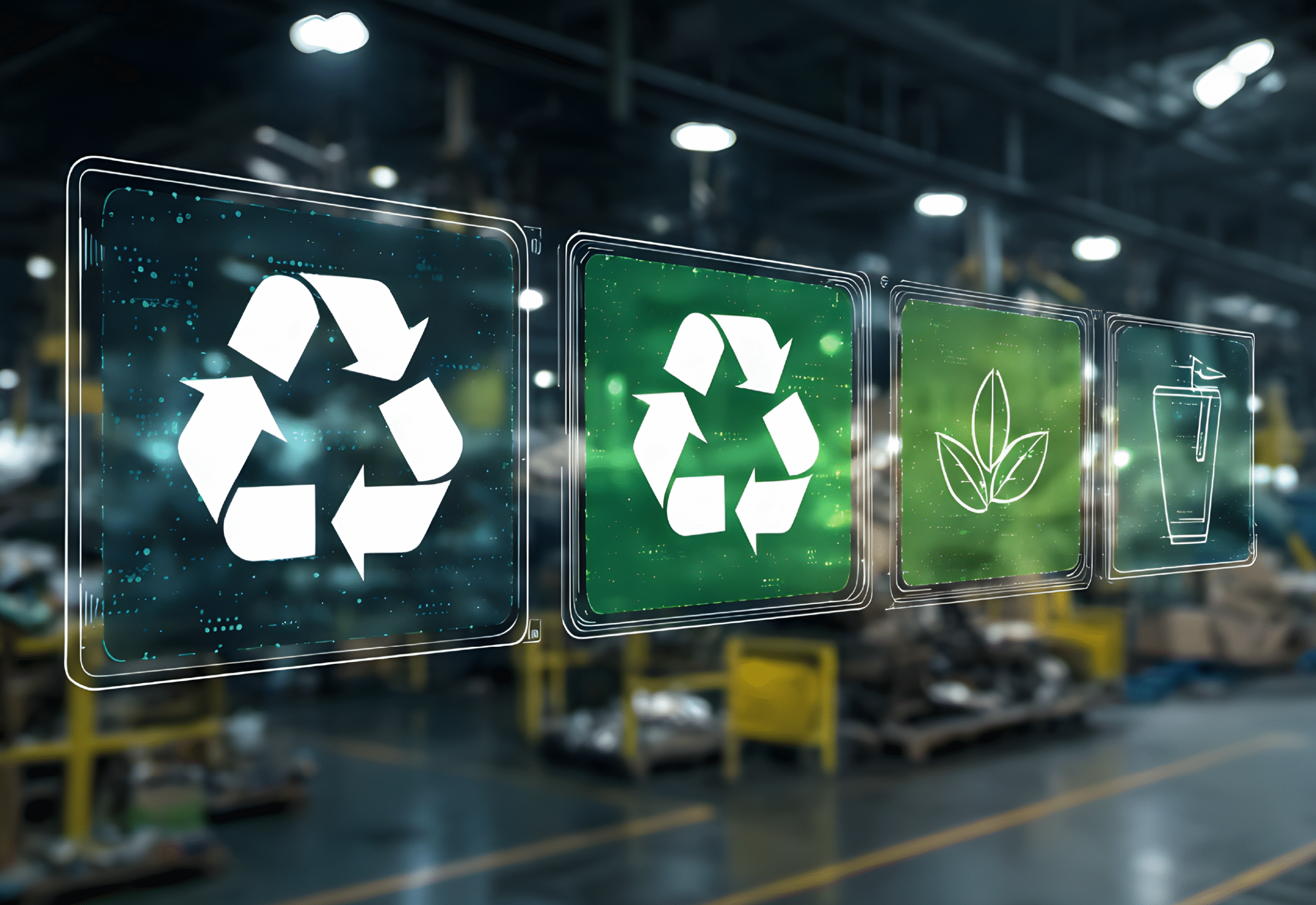 Four transparent digital icons showing recycling symbols, leaf, and sustainable packaging concepts in industrial warehouse setting.