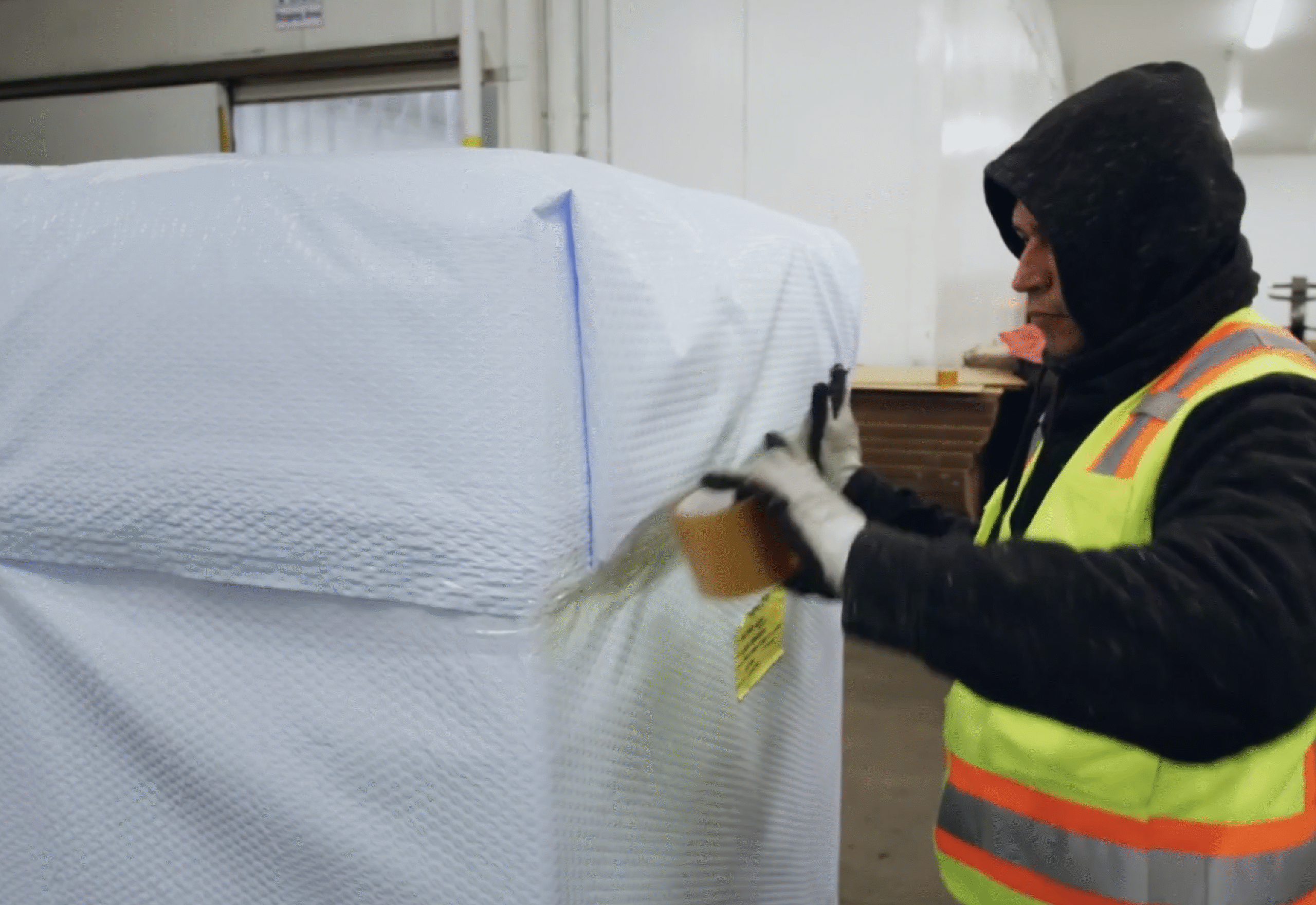 Warehouse worker in safety vest wrapping large item with protective bubble wrap material.