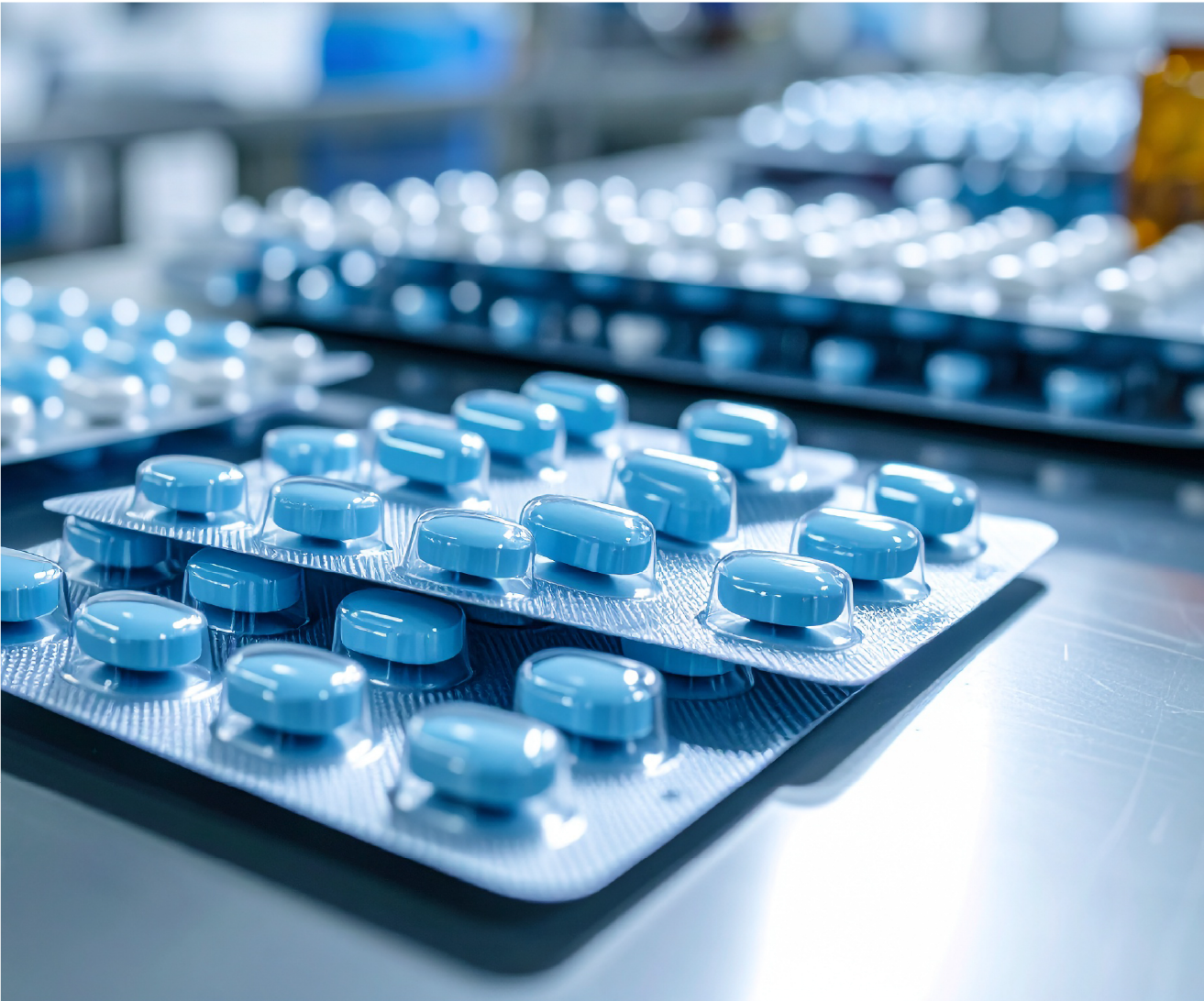 A close-up of multiple blister packs filled with blue oval tablets arranged on a reflective surface in a pharmaceutical setting, with additional blister packs visible in the blurred background.