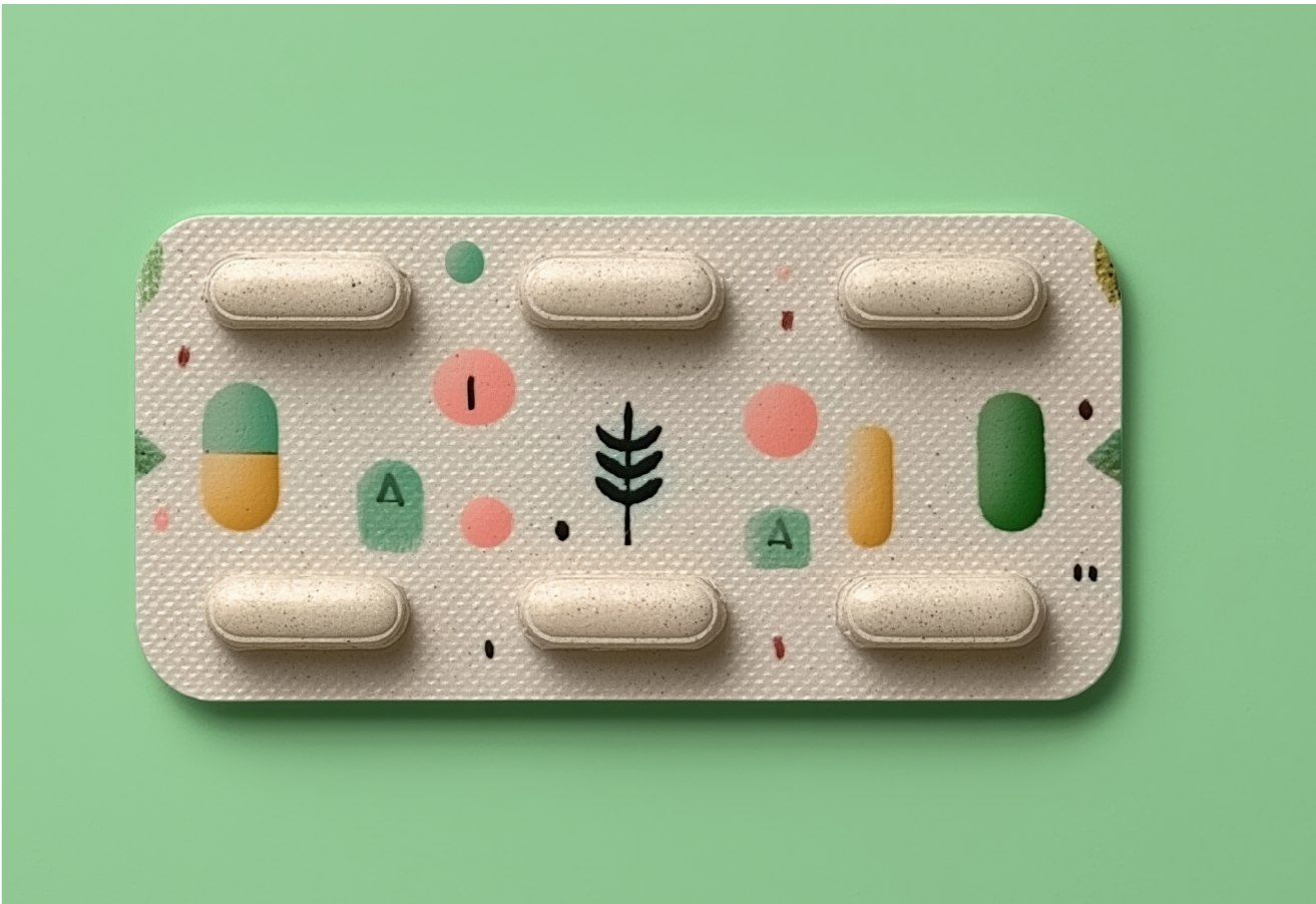 A decorative blister pack featuring six beige speckled capsules arranged in two rows, set against a sage green background with whimsical botanical and colorful dot illustrations printed on the card backing.