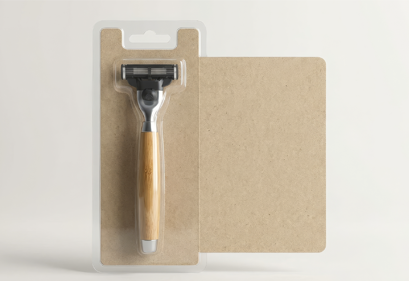 A bamboo-handled razor encased in a clear plastic blister secured to a kraft/recycled paperboard card with a hang hole, displayed alongside a blank matching card.