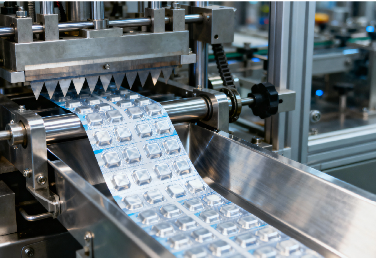 Industrial blister packaging machinery in operation, with a continuous strip of formed silver blister packs moving through stainless steel rollers and a serrated cutting mechanism on a production line.