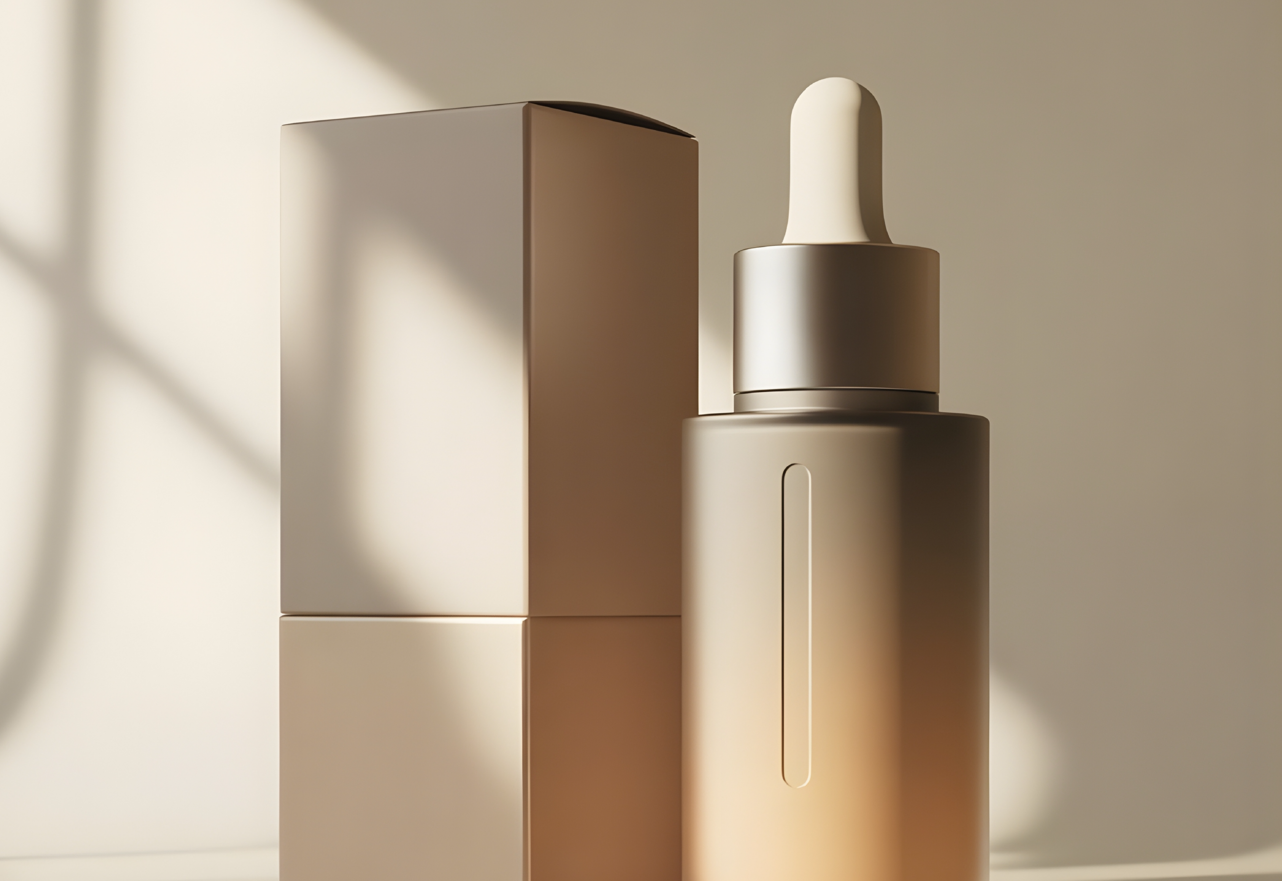 Minimalist beige cosmetic dropper bottle beside elegant rectangular box in natural window light.