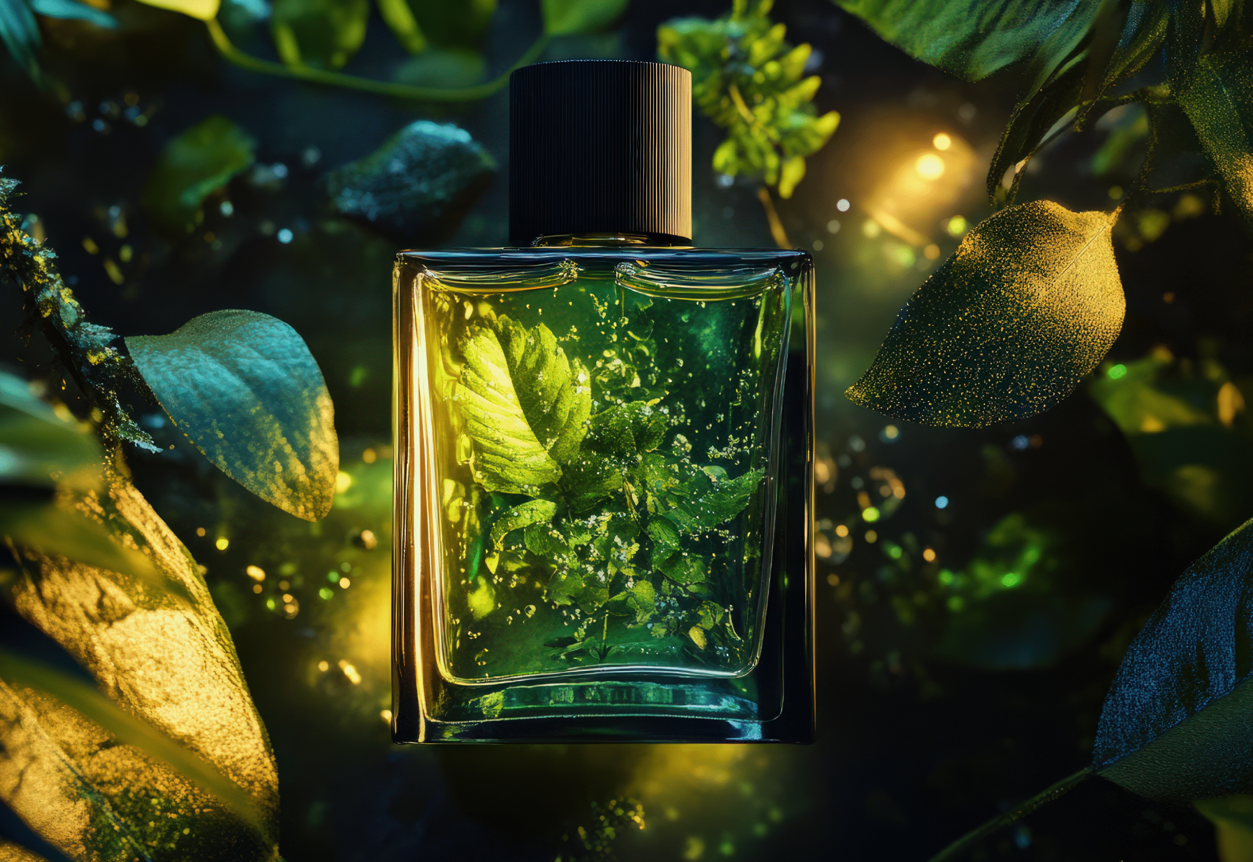 Premium perfume bottle with black cap surrounded by lush green botanical leaves and golden light.
