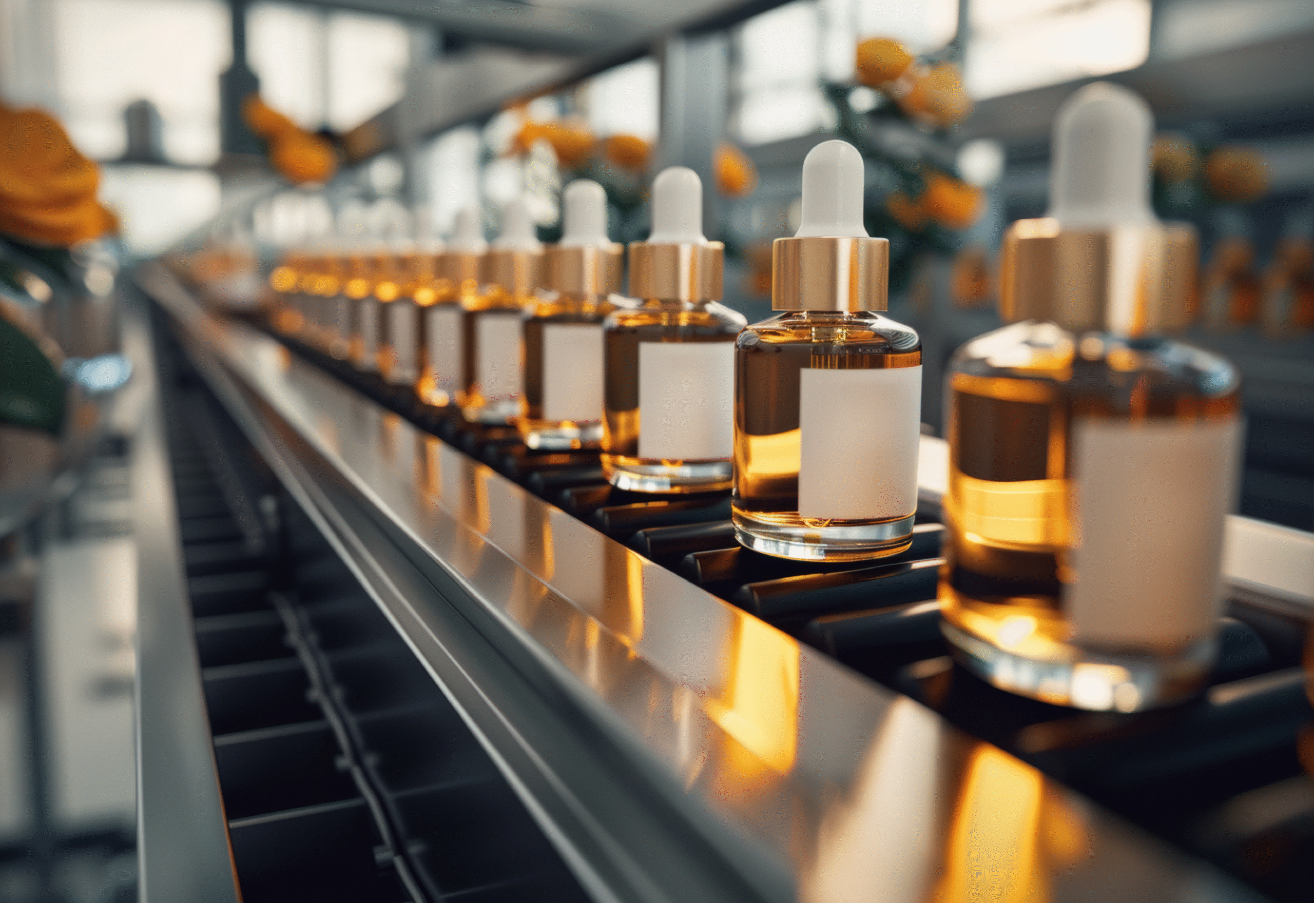 Luxury amber serum bottles with rose gold caps on production line in modern manufacturing facility.