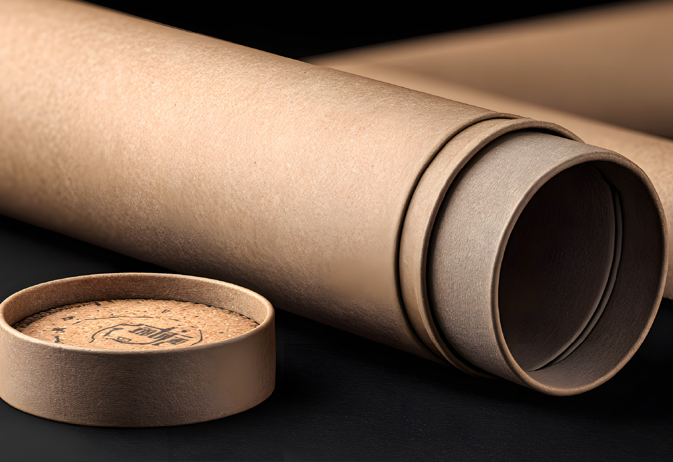 A close-up of an open kraft paper cardboard tube lying on a dark surface, with its round cork-stoppered end cap sitting beside it, highlighting the natural, eco-friendly tube construction.