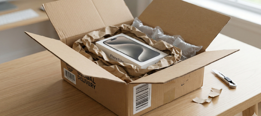 An open cardboard shipping box on a wooden table reveals an iPhone 15 Pro nestled in crumpled brown paper cushioning.