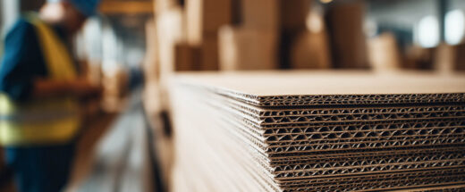 A warehouse worker in a blue hard hat and yellow safety vest stands near large stacks of corrugated cardboard sheets on a factory floor.