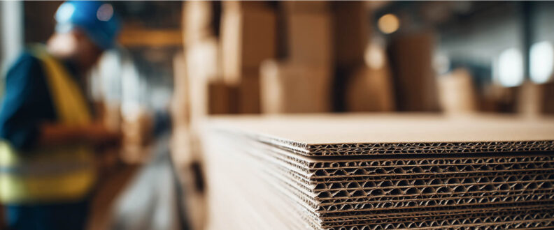 A warehouse worker in a blue hard hat and yellow safety vest stands near large stacks of corrugated cardboard sheets on a factory floor.