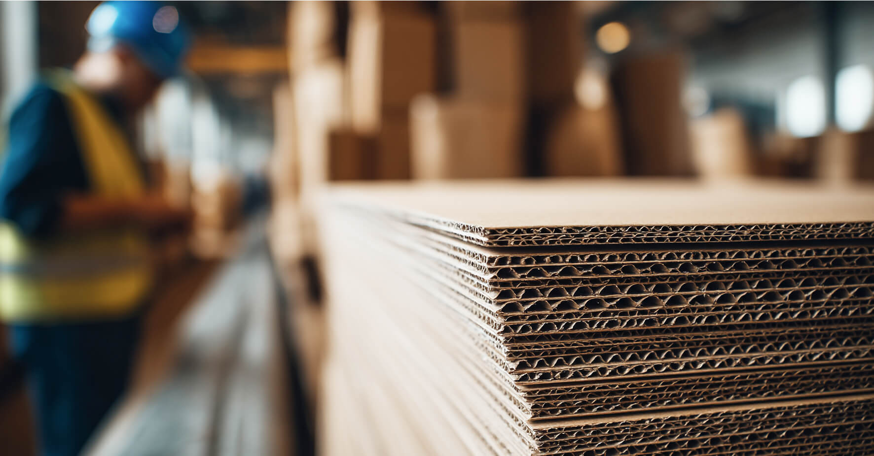 A warehouse worker in a blue hard hat and yellow safety vest stands near large stacks of corrugated cardboard sheets on a factory floor.
