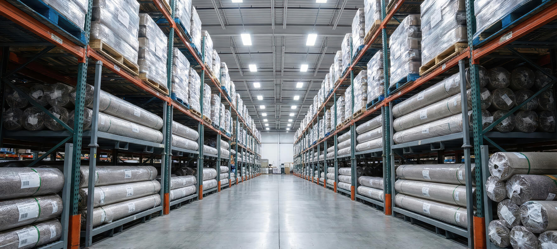 Long aisle of a large, well-lit warehouse with tall orange and green shelving racks densely stocked with wrapped rolls of carpet or fabric.