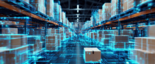 A digitally enhanced warehouse aisle glows with blue holographic overlays on shelved boxes, representing smart warehouse technology and automation.