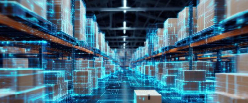 A digitally enhanced warehouse aisle glows with blue holographic overlays on shelved boxes, representing smart warehouse technology and automation.
