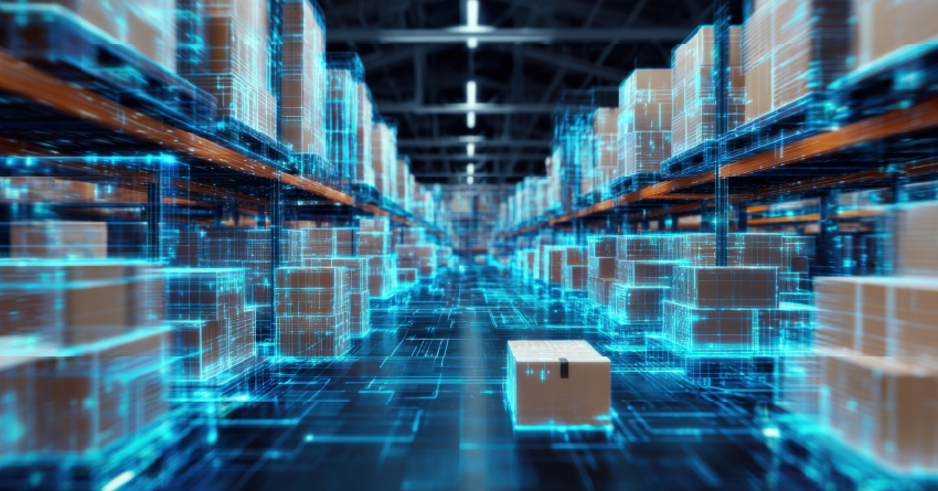 A digitally enhanced warehouse aisle glows with blue holographic overlays on shelved boxes, representing smart warehouse technology and automation.