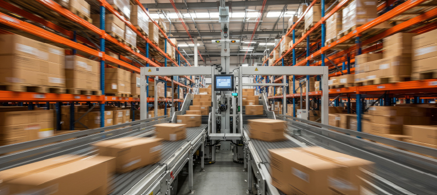 An automated robotic arm sorts cardboard boxes speeding along conveyor belts inside a large, busy warehouse facility.