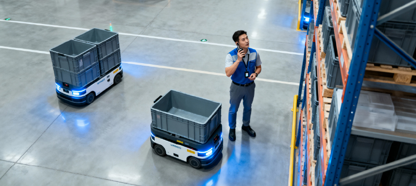 An overhead view of a warehouse worker speaking on a radio while blue-lit autonomous robots carry gray plastic bins nearby.