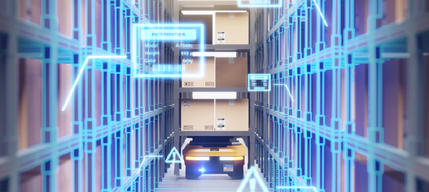 A 3D-rendered autonomous robot navigates a narrow warehouse aisle with glowing blue digital data overlays displaying package information.