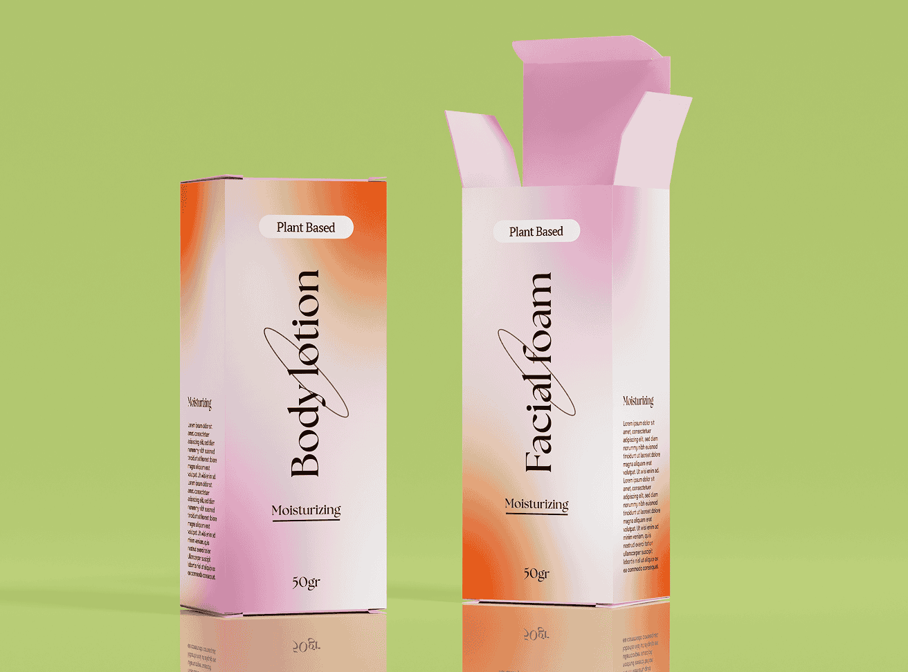 Two gradient pink and orange plant-based body lotion and facial foam product boxes displayed against a soft green background.