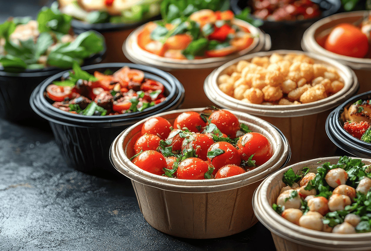 Several round kraft paper and black plastic takeout containers filled with fresh cherry tomatoes, chickpeas, and mixed salads on a dark surface.