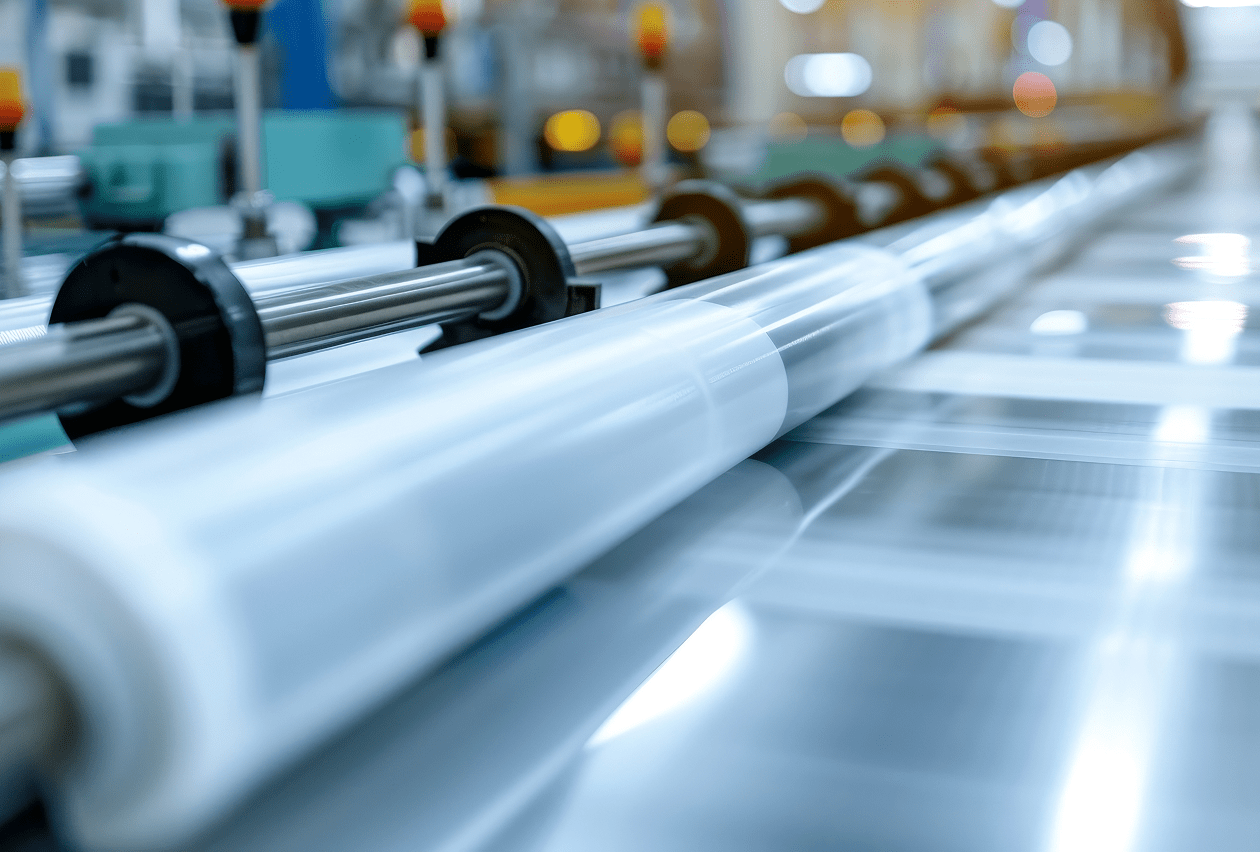 Close-up of large rolls of white film material moving through industrial rollers on a manufacturing production line.
