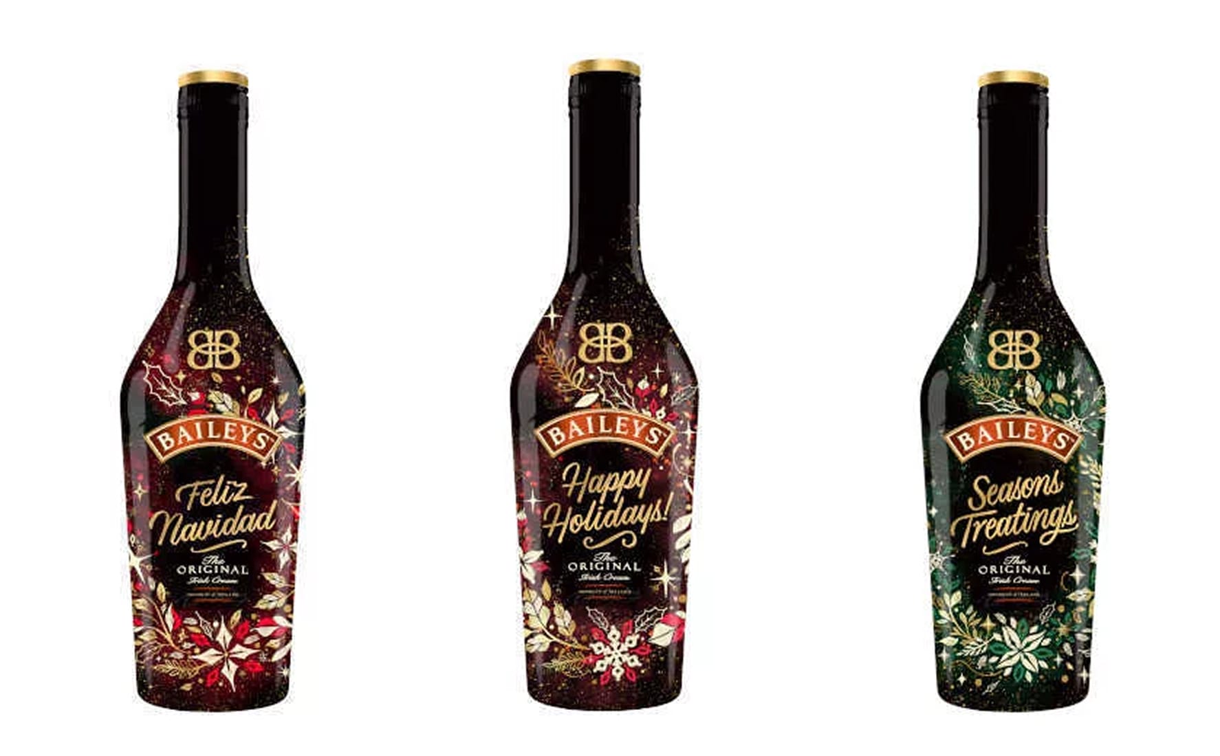 Three Baileys Irish Cream holiday limited edition bottles featuring festive label designs reading 