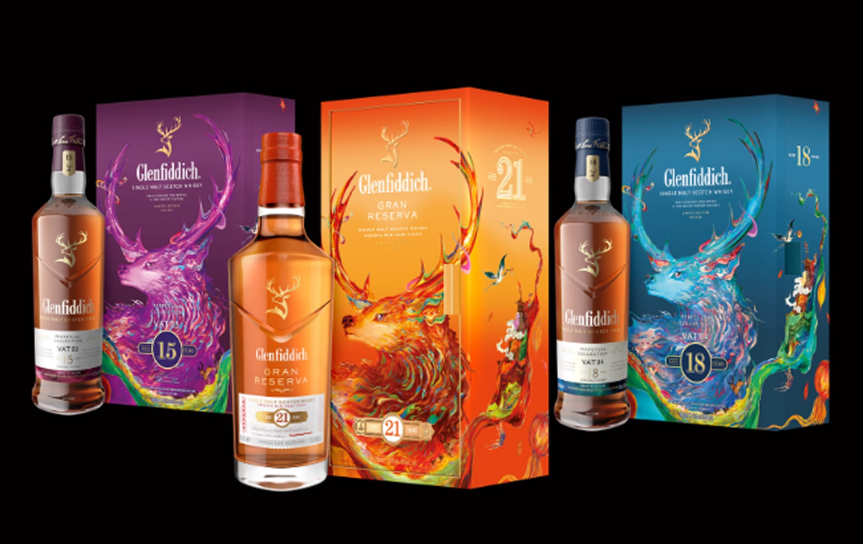 Glenfiddich 15, 21 Gran Reserva, and 18 Year Old single malt scotch whiskies in limited edition artist-illustrated gift boxes featuring colorful stag artwork.