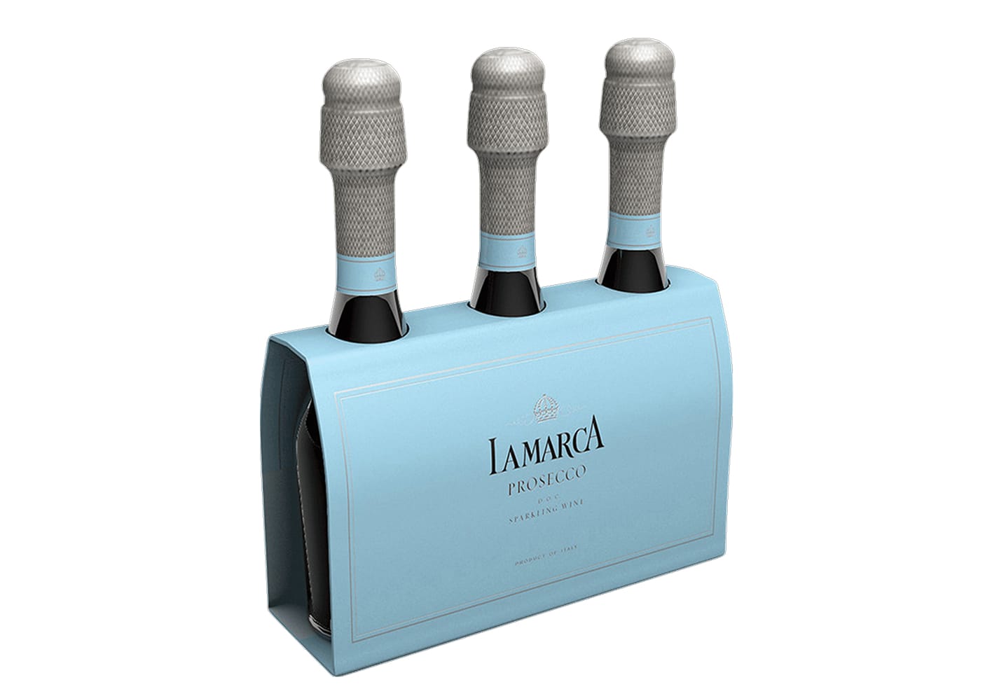 Three La Marca Prosecco mini bottles held in a powder blue paperboard multi-bottle carrier with silver foil branding.