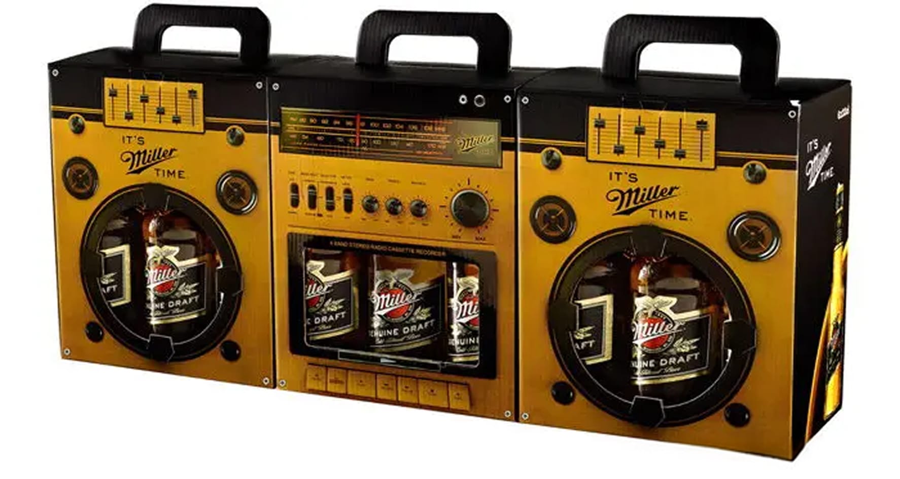 Miller Genuine Draft beer bottles packaged inside a corrugated cardboard carrier designed to resemble a vintage boombox.
