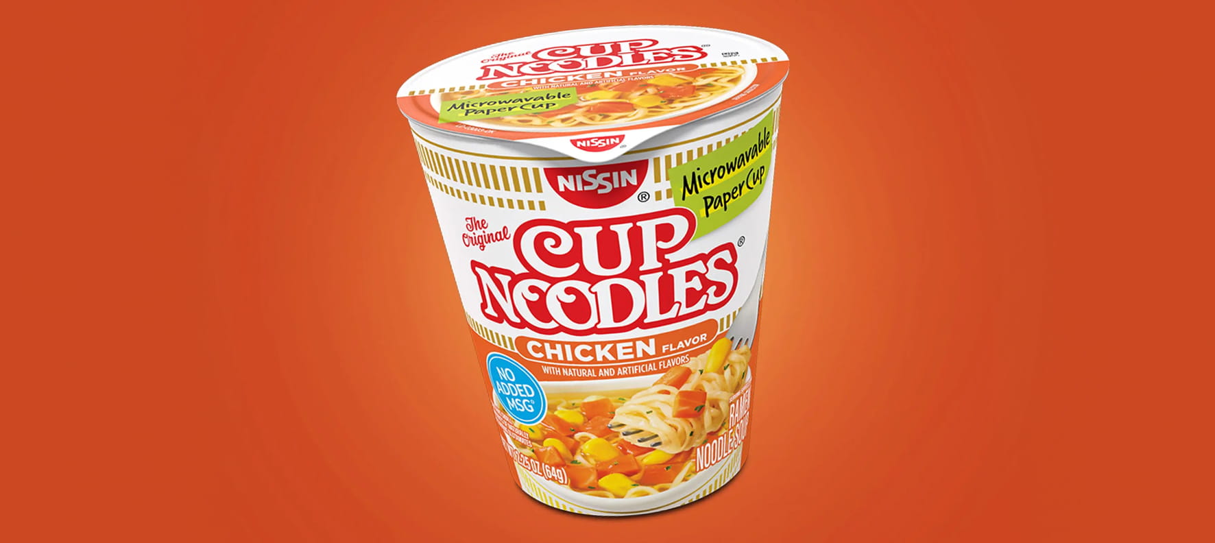 Nissin Cup Noodles Chicken Flavor microwavable paper cup on an orange background, labeled 