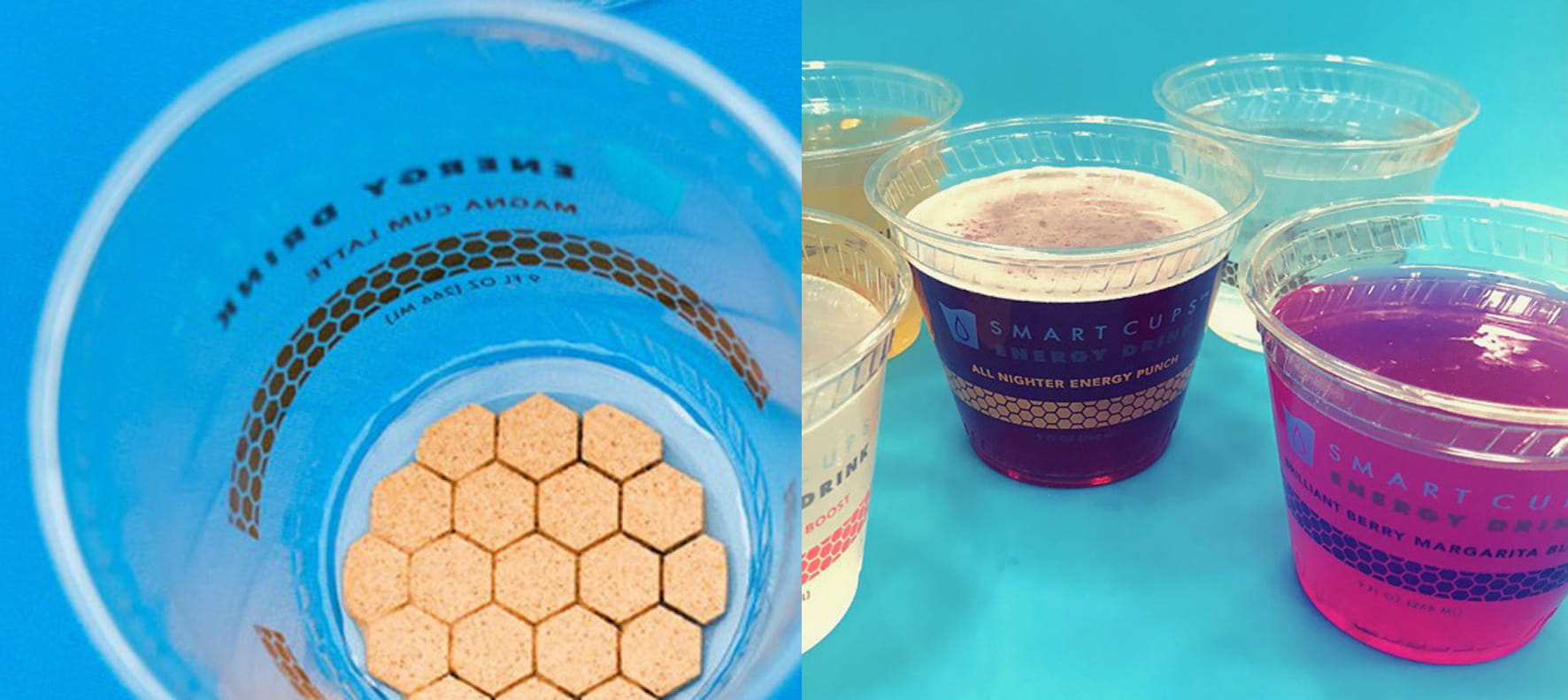 Smart Cups energy drink concept showing dissolvable flavor tablets inside a clear cup alongside filled drinks in multiple flavors.