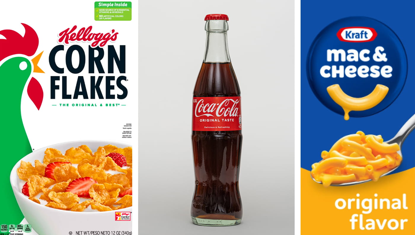 Iconic consumer food packaging: Kellogg's Corn Flakes box, Coca-Cola glass bottle, and Kraft Mac & Cheese box.