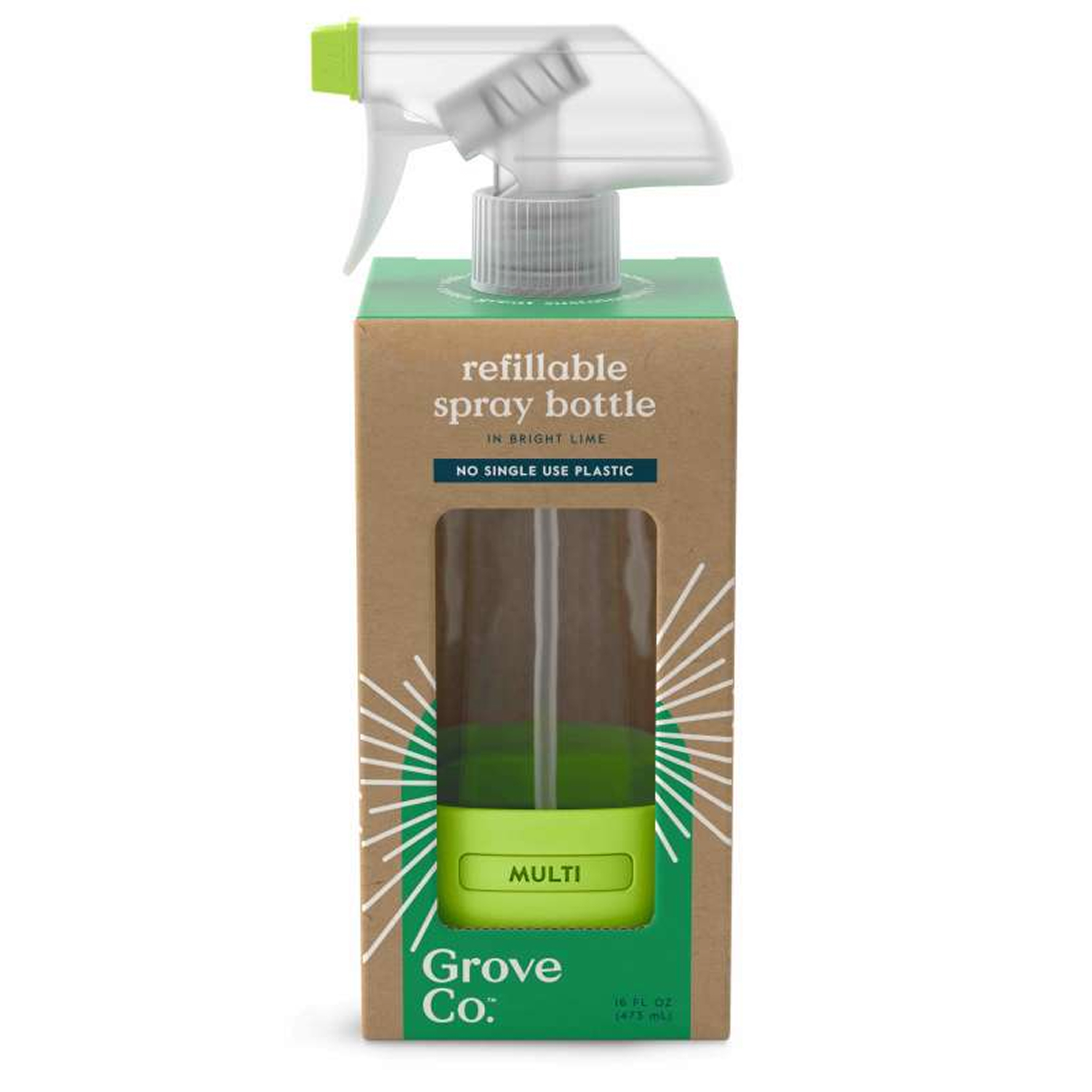 Grove Co. refillable spray bottle in brown and green packaging